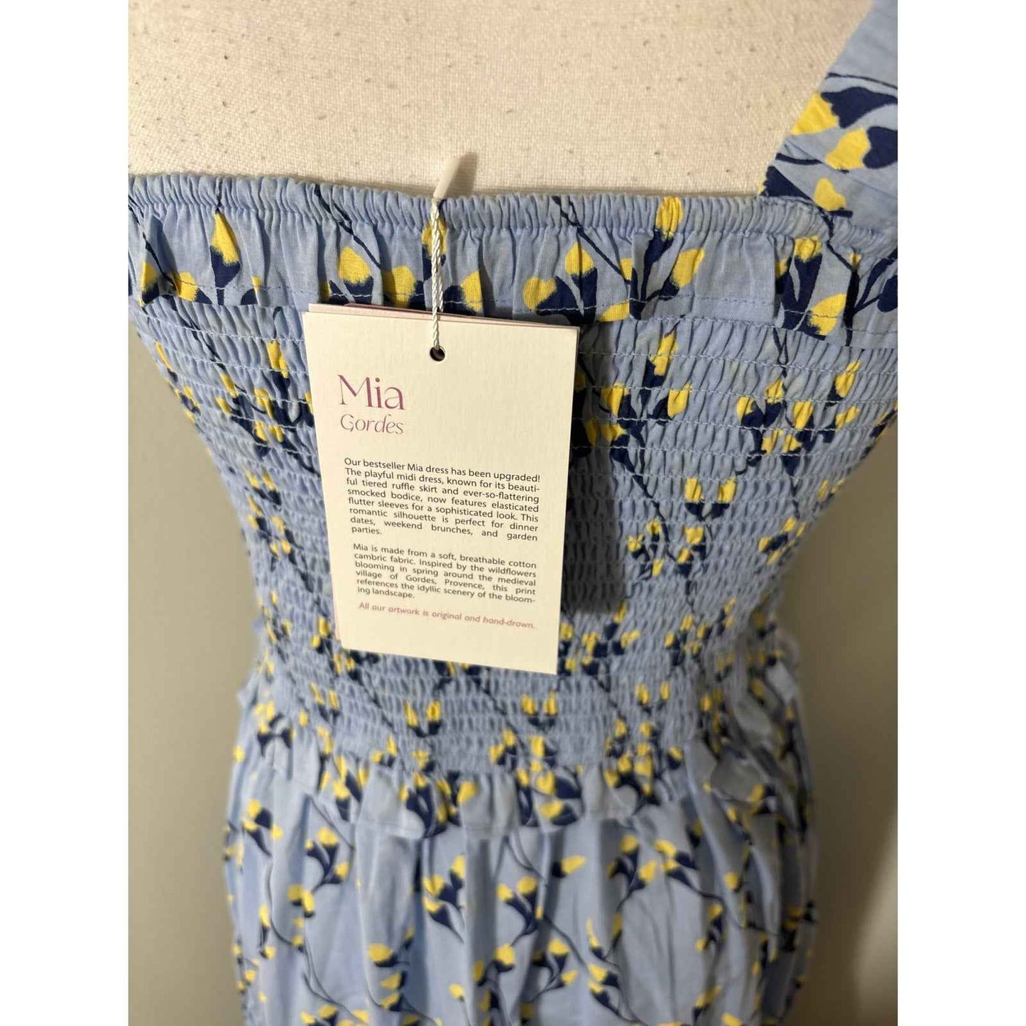 NWT Beyond by Vera Mia Blue and Yellow Smocked Bodice Midi Dress Sz S