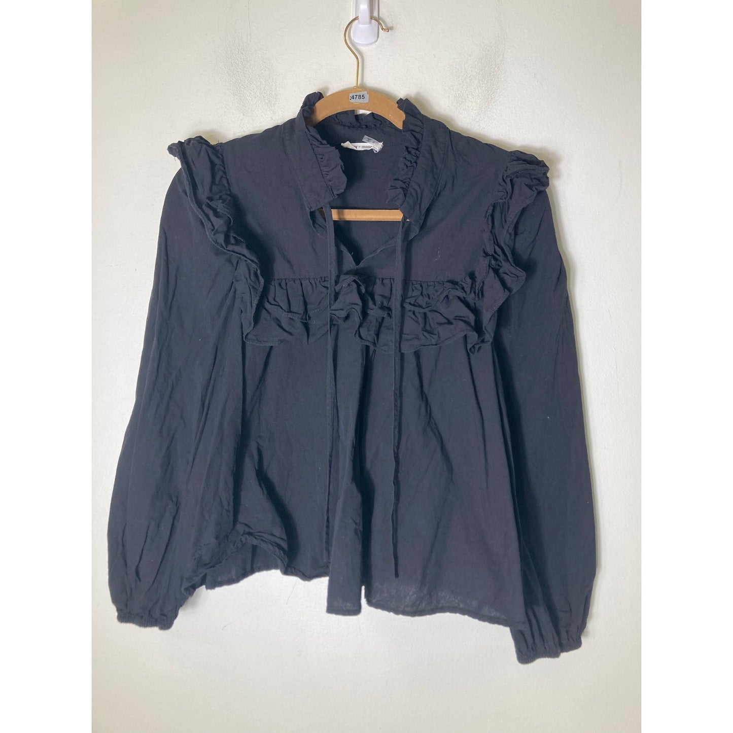 Day + Moon Black Cotton Square Ruffled Shirt Sz S