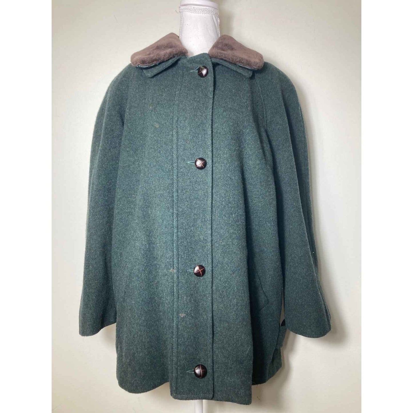 Etienne Aigner Green Wool Fur Collar Trimmed Coat Sz 12