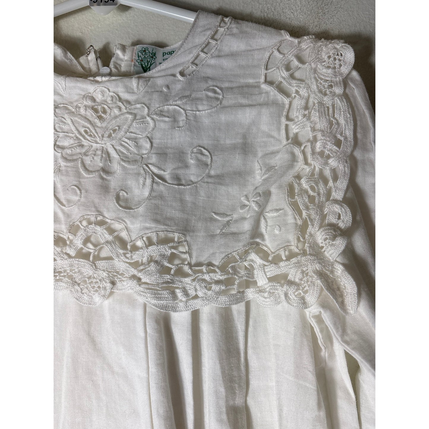 Girls Vintage Paper White Longsleeve Linen Dress / Lace&Embroidered Collar Sz 6