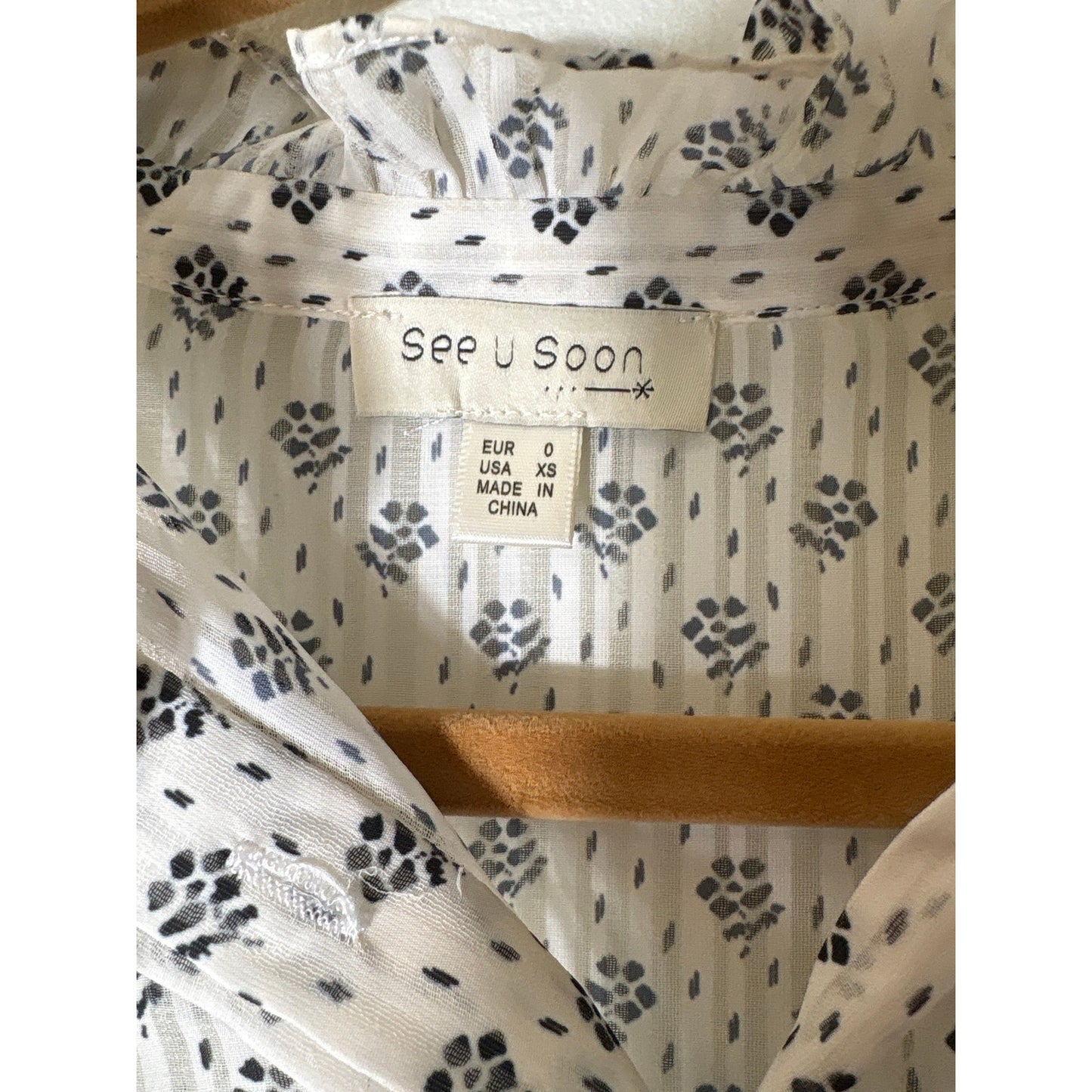 See U Soon White And Black Floral Sheer Long Sleeve Top Sz XS