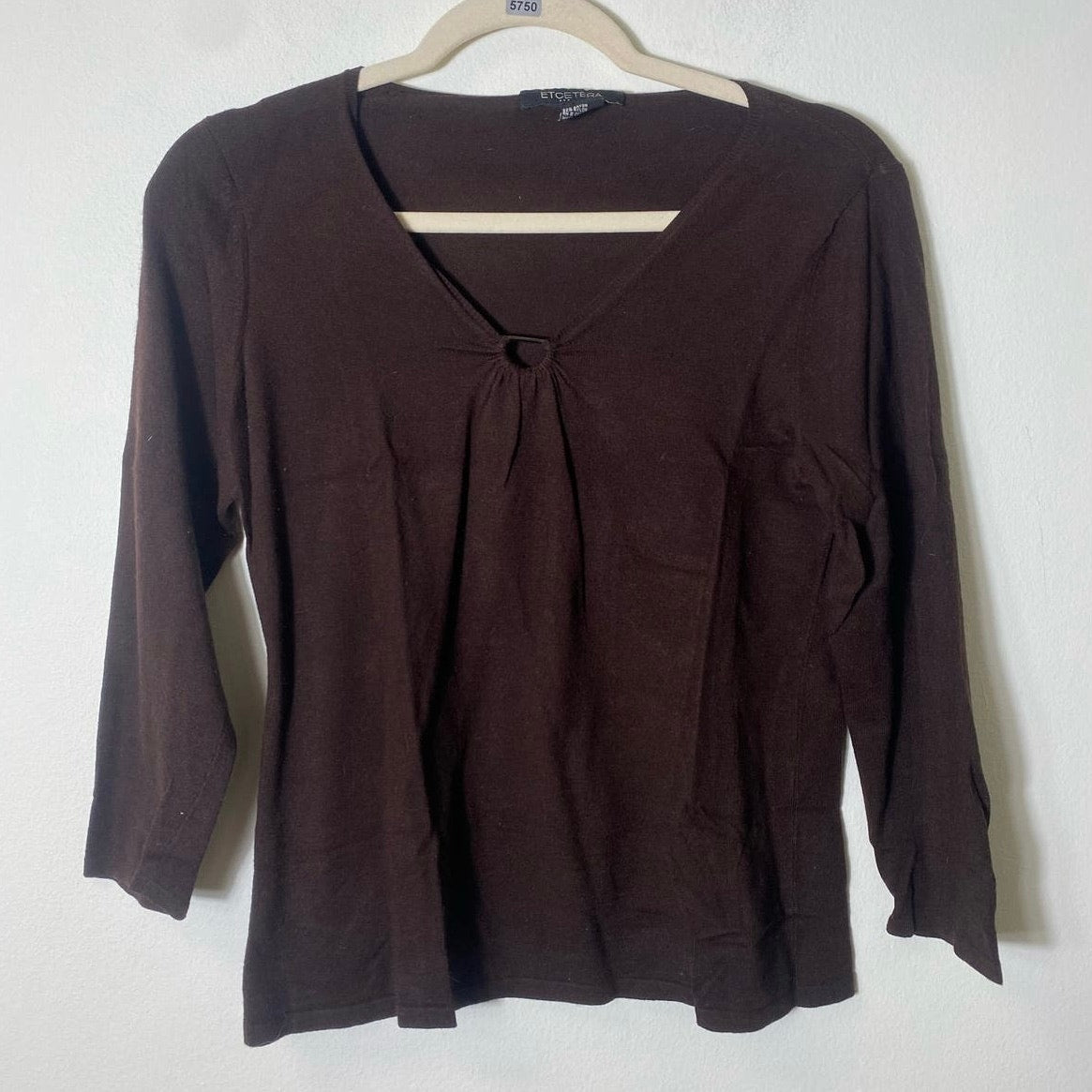 Etcetera Brown V-neck Silver Bar 3/4 Sleeve Sweater Sz M