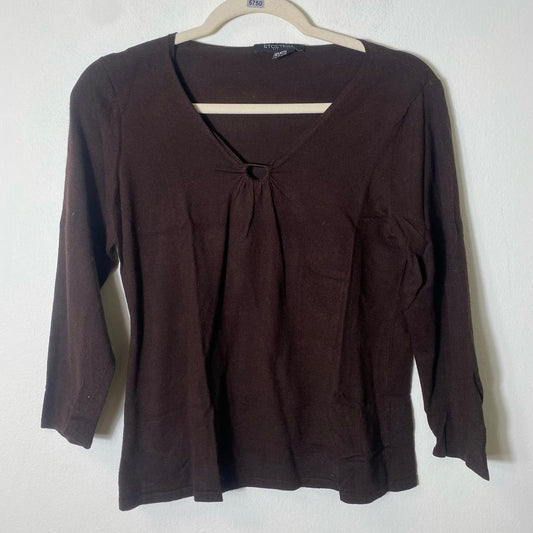 Etcetera Brown V-neck Silver Bar 3/4 Sleeve Sweater Sz M