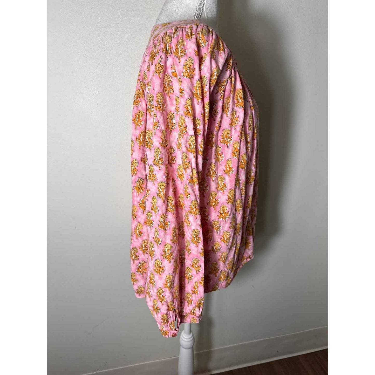 India Collection Pink and Orange Block Print Shirt sz M
