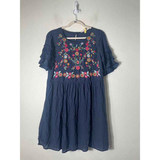 Entro Navy Embroidered Short Ruffle Sleeves Mini Dress Sz L