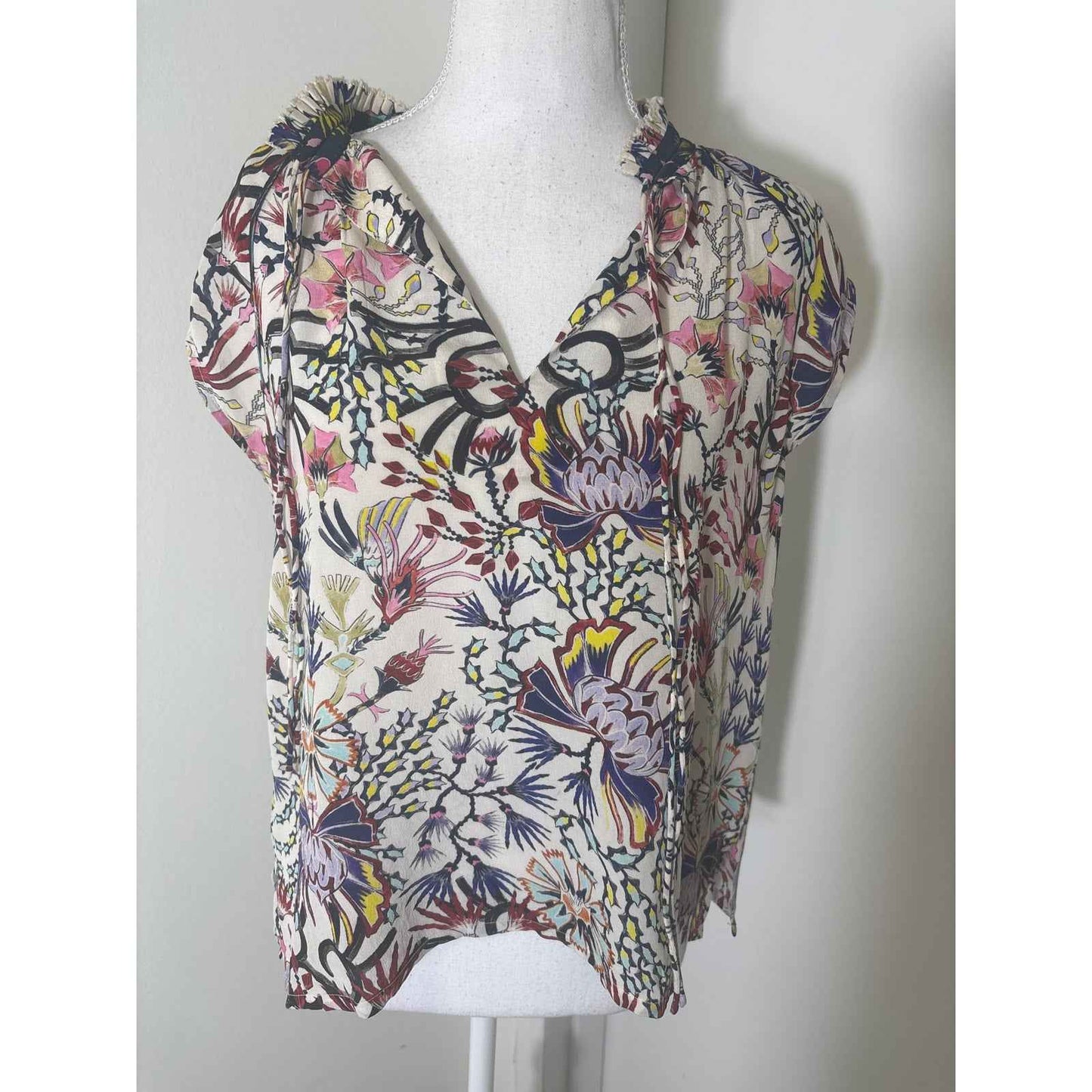 Mariacher Tie Neck Floral Sleevless Ruffled Neck Blouse Sz S