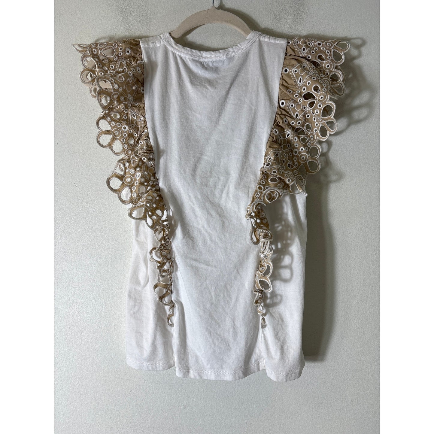 Veronica Beard White Tan Flutter Sleeve Cotton Tee Shirt Sz S