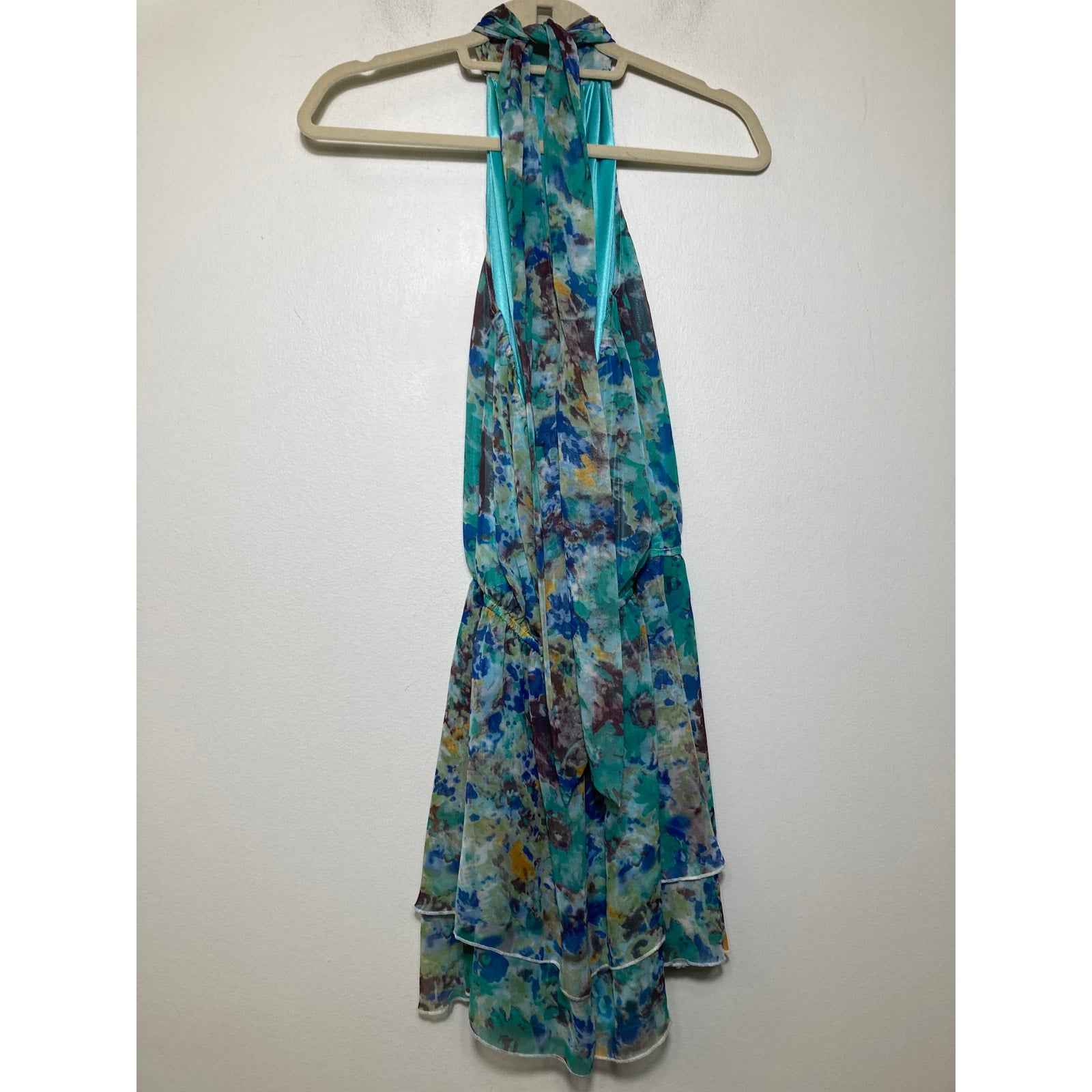 Ya Los Angeles Green Water Color Print Knee Length Halter Dress Sz S