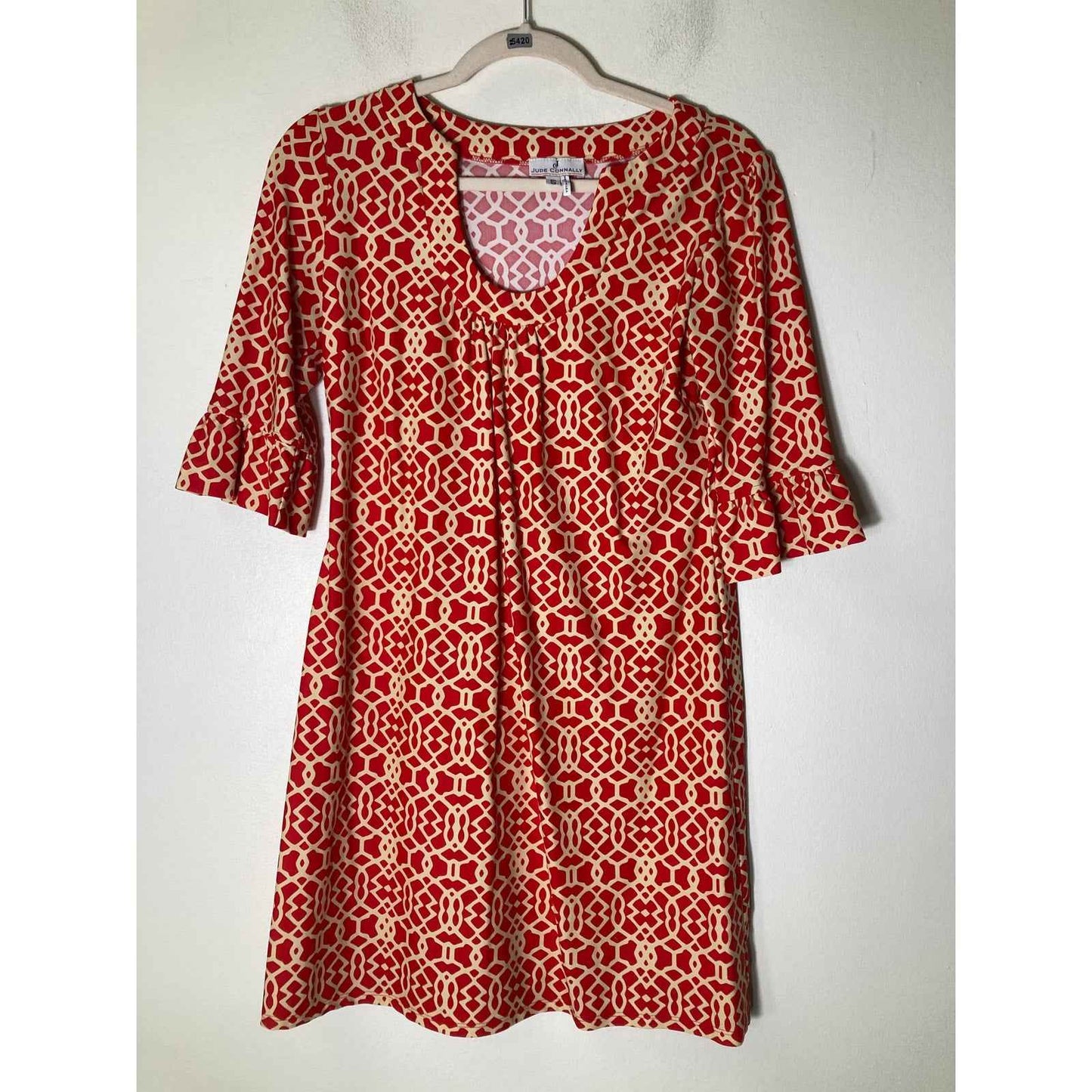 Jude Connally Red White Geometric Print Half Sleeve Dress Sz S