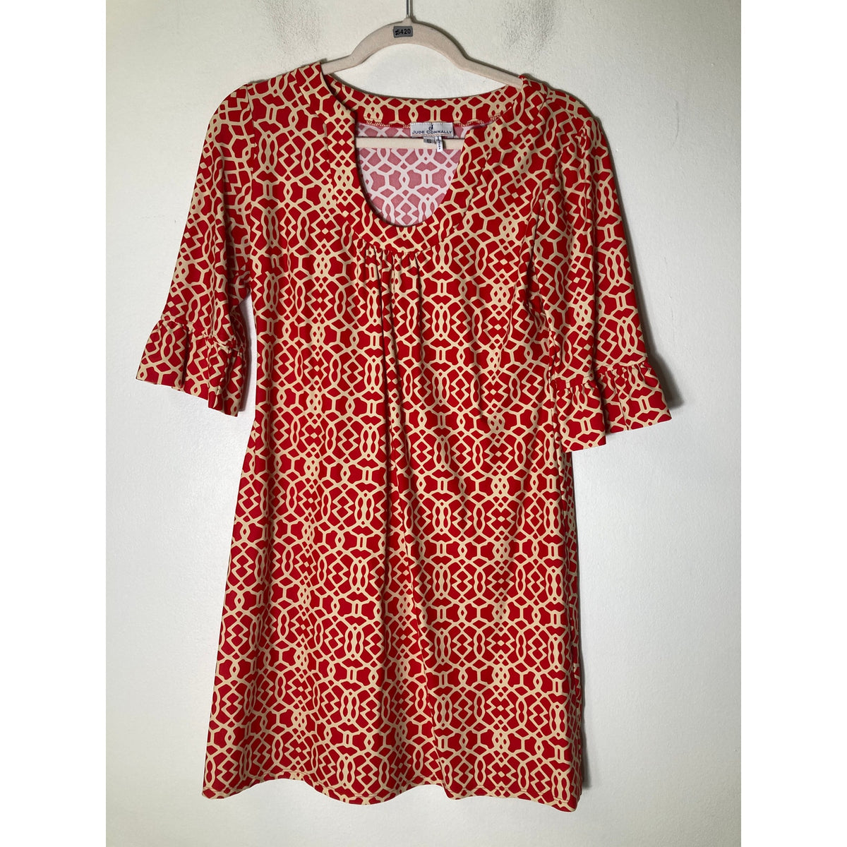 Jude Connally Red White Geometric Print Half Sleeve Dress Sz S