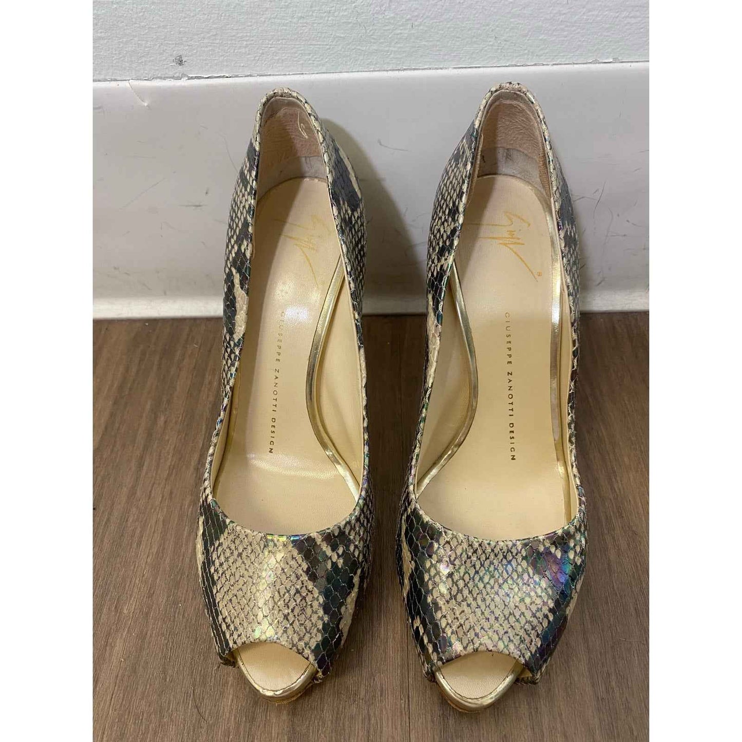 Giuseppe Zanotti Design Gold Snakeskin Peep Toe Stiletto Sz 38