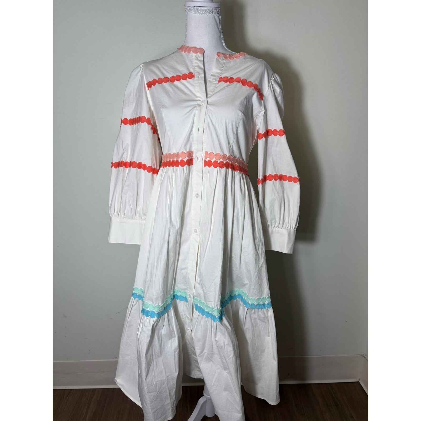 Marie by Victoria Dunn White Long Sleeve Button Up Crew Neck Maxi Dress Sz S