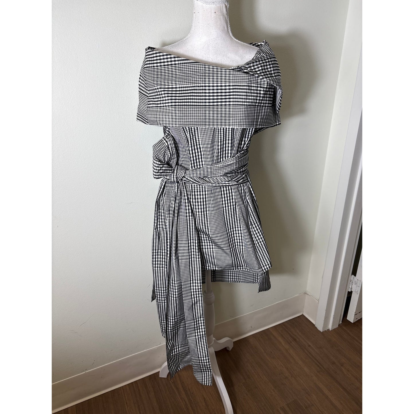 Lela Rose Black White Gingham Dramatic Wrap Top Sz 10