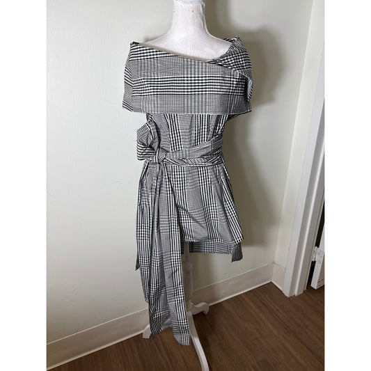 Lela Rose Black White Gingham Dramatic Wrap Top Sz 10