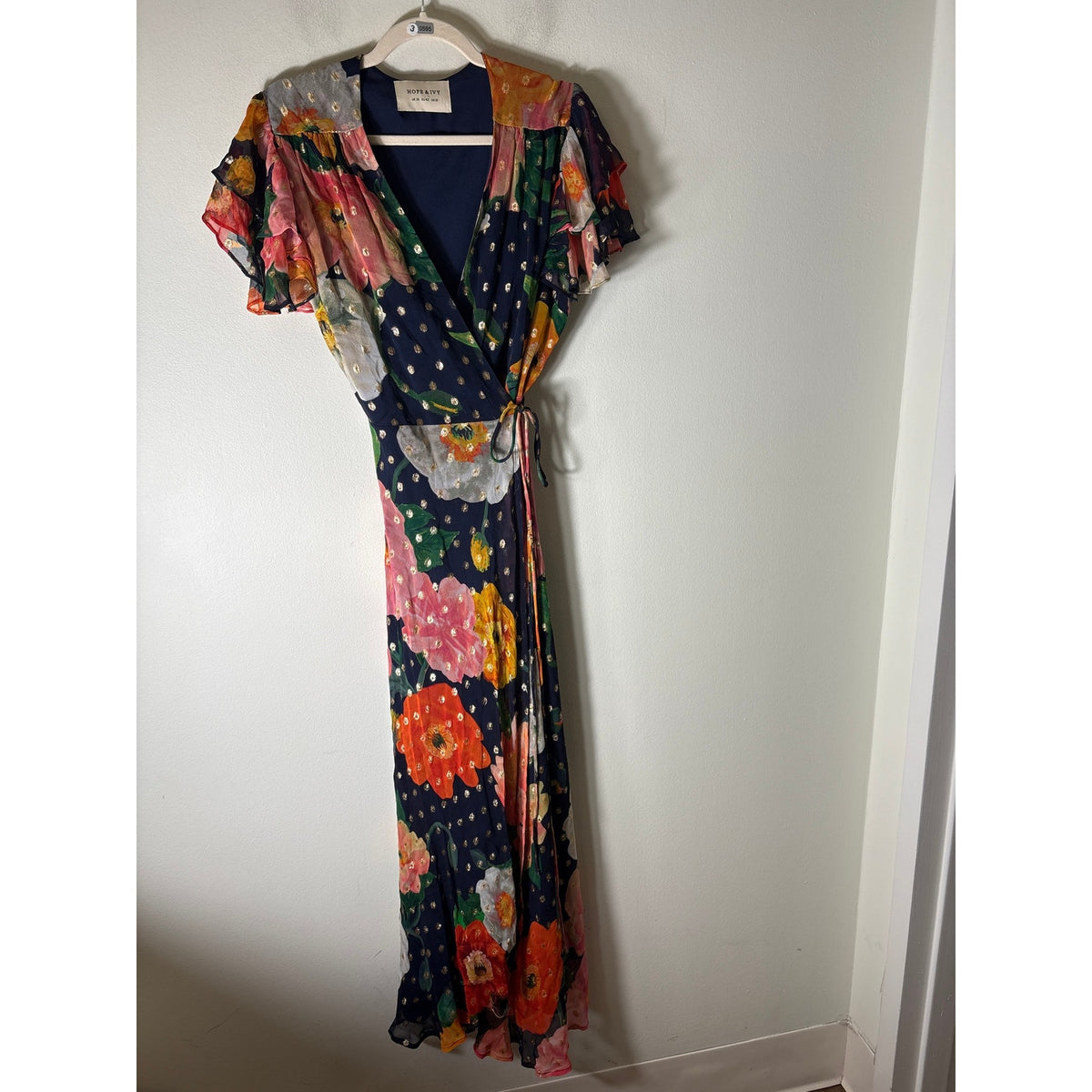 Hope & Ivy Navy Blue Gold Floral Flutter Sleeve Wrap Dress Sz 10