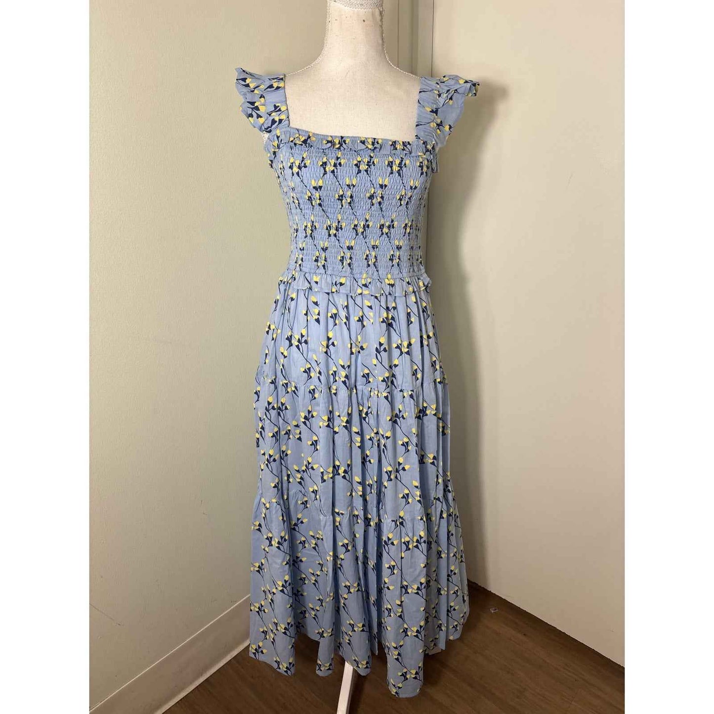 NWT Beyond by Vera Mia Blue and Yellow Smocked Bodice Midi Dress Sz S