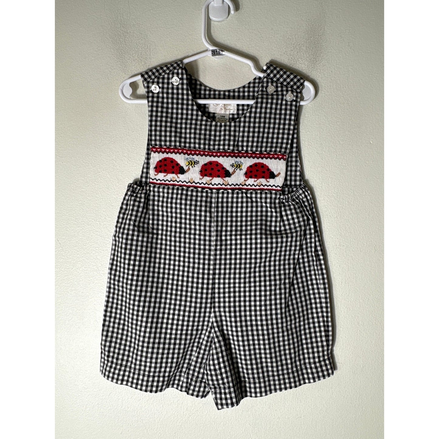 Boys Vintage Sir John Black&White Check smocked ladybug JonJon Sz 18m