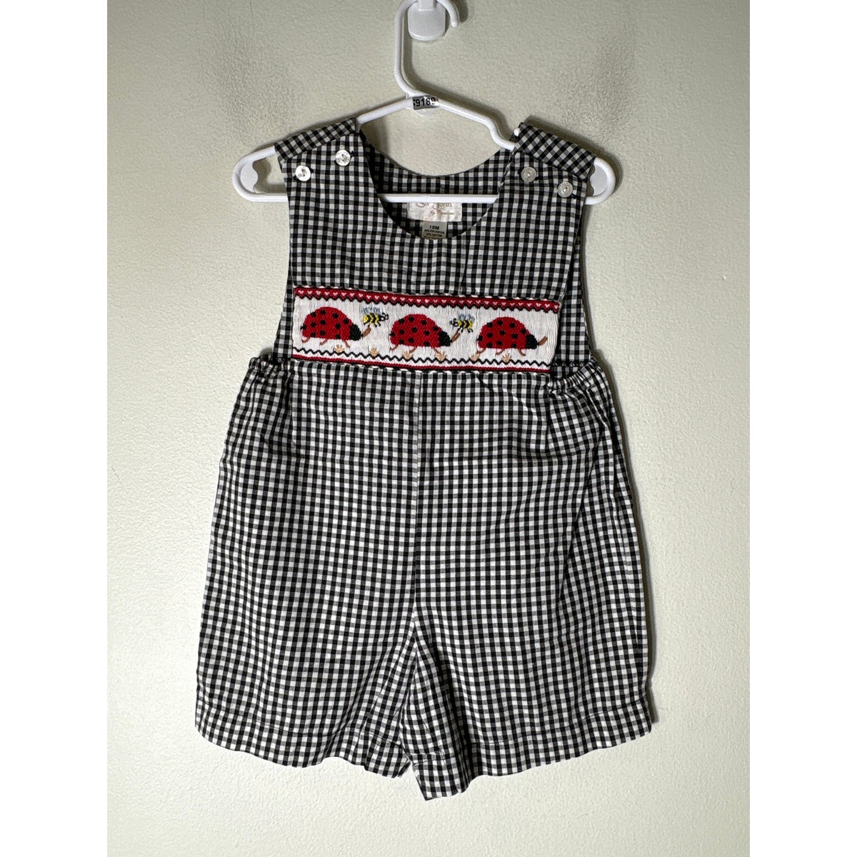 Boys Vintage Sir John Black&White Check smocked ladybug JonJon Sz 18m