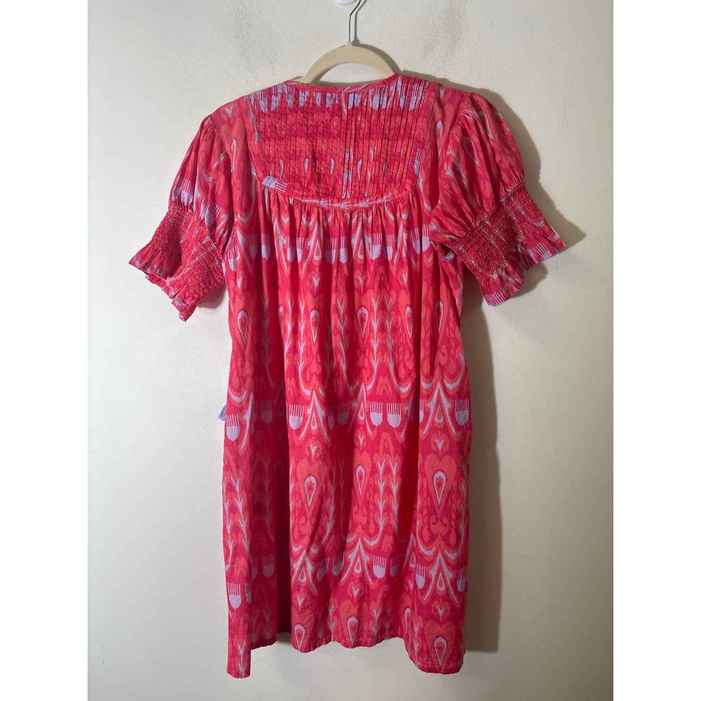 La Plage Red Gray Short Smocked Sleeve Cotton V-Neck Dress Sz S