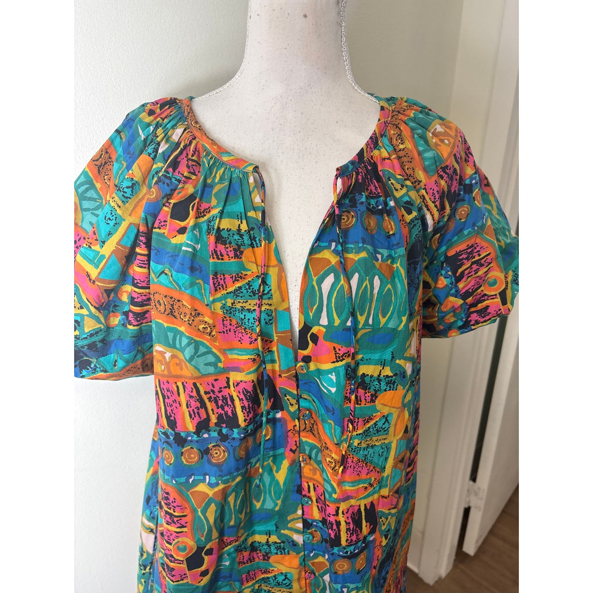 Cleobella Mulitcolor Half Puff Sleeve Button Up Knee Length Dress Sz L