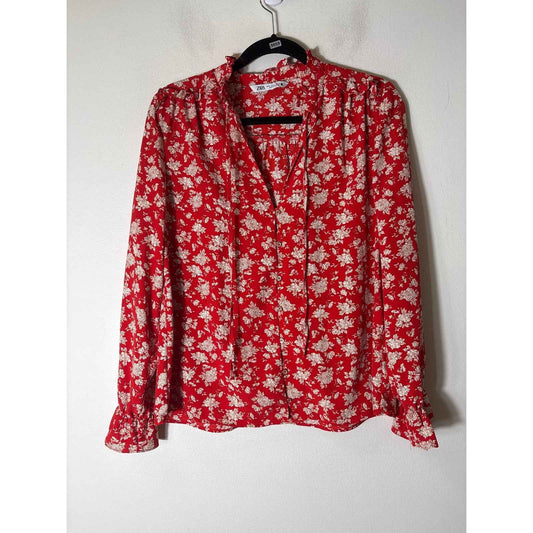 Zara Orange/Red With Cream Rose Long Sleeve Blouse Sz M