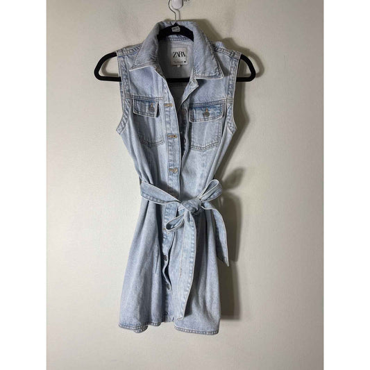 Zara Light Wash Button Up Denim Mini Dress Sz M