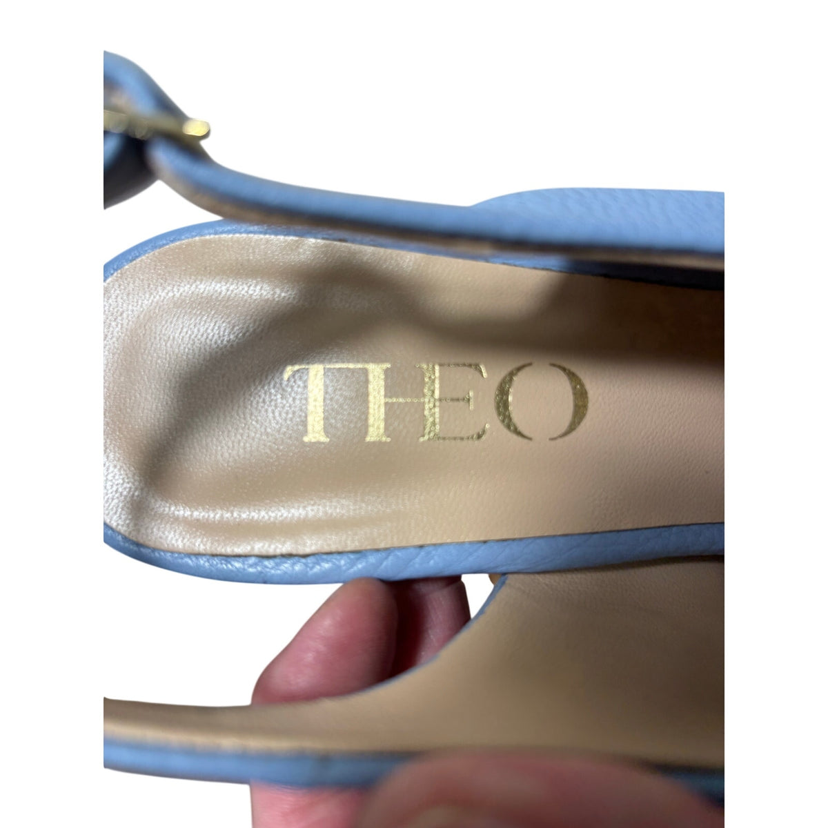 Theo Light Blue Leather Peep Toe Round Heel Pump Sz 38