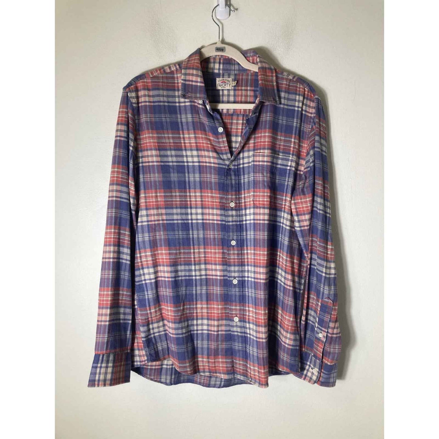 Mens Faherty Red and Blue Plaid Flannel Button Up Shirt Sz M
