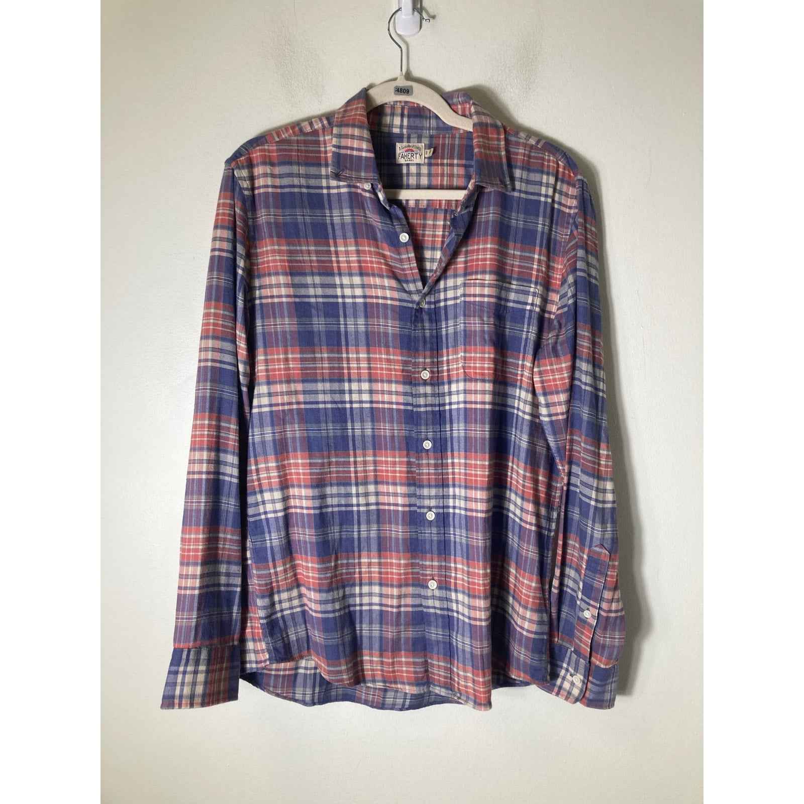 Mens Faherty Red and Blue Plaid Flannel Button Up Shirt Sz M