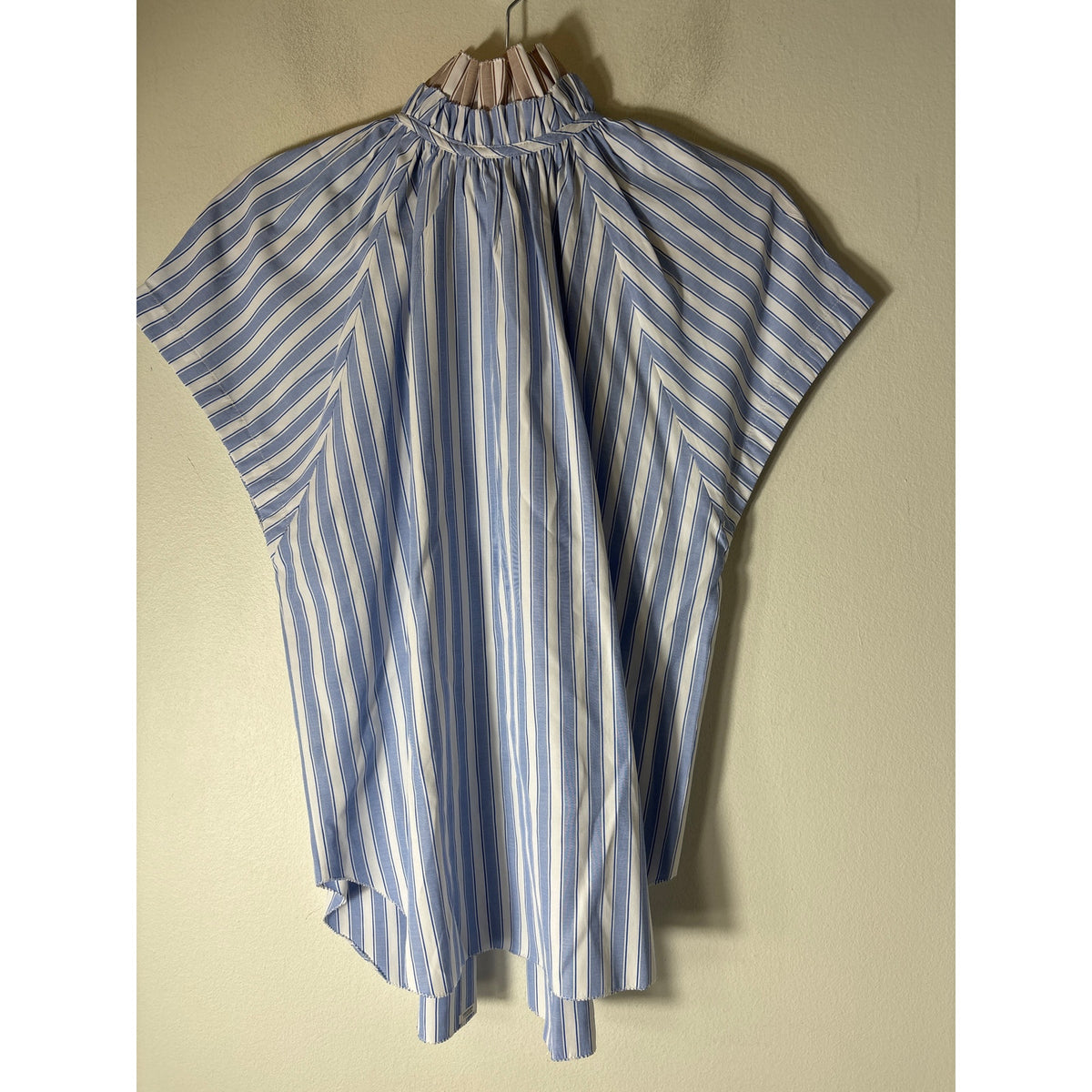 Sundays Blue Tan Stripe Cap Sleeve Button Up Ruffled High Collar Sz S