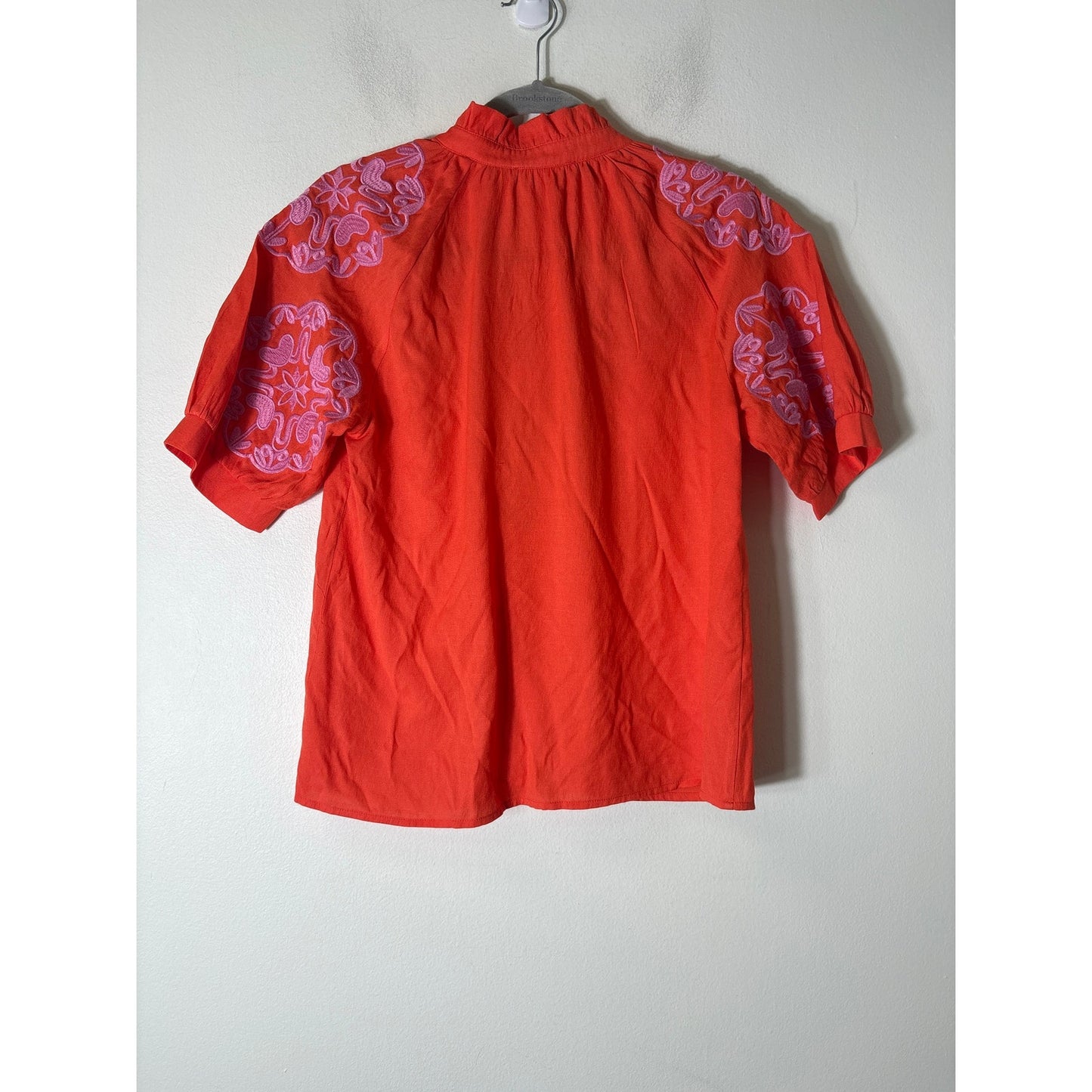 THML Orange With Pink Embroidery Short Sleeve Blouse Sz S
