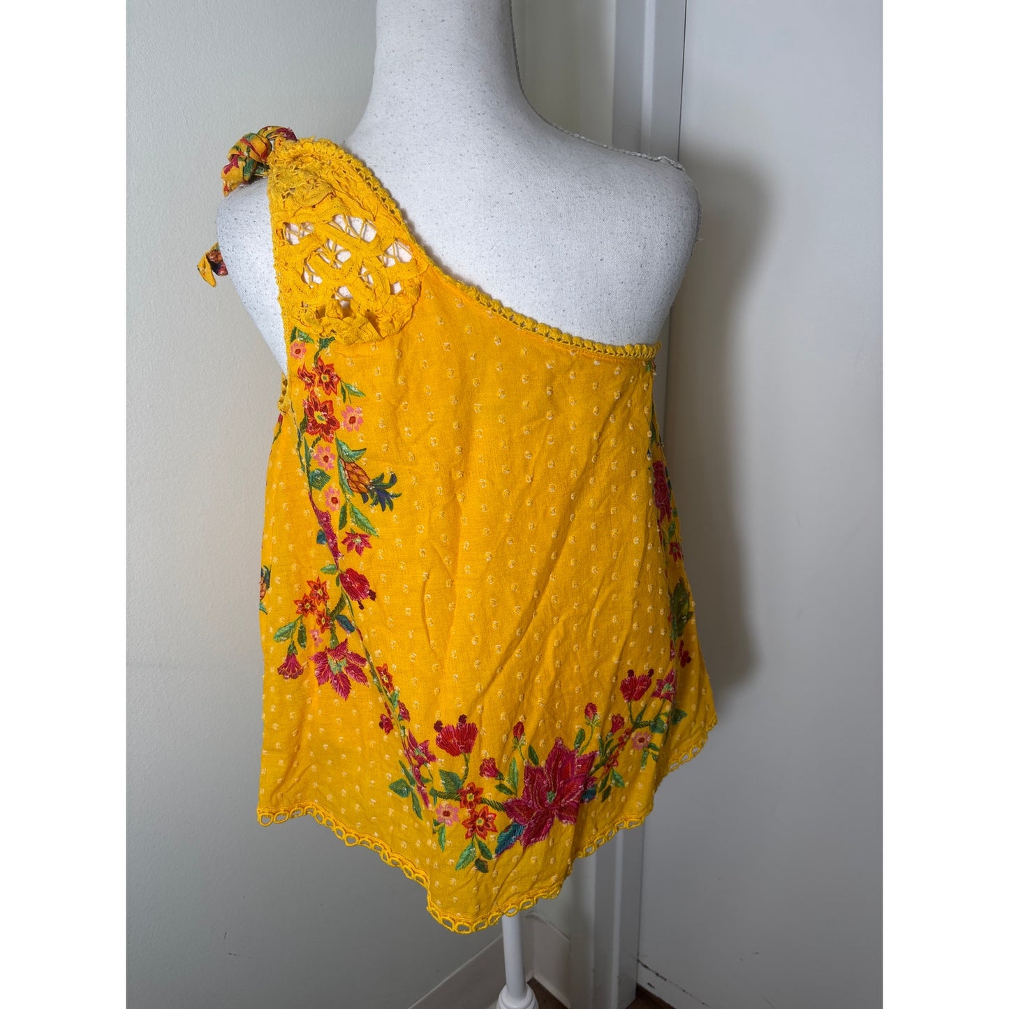 Farm Rio Golden Yellow and Fushia Floral Print One Shoulder Mini Skirt Set Sz S