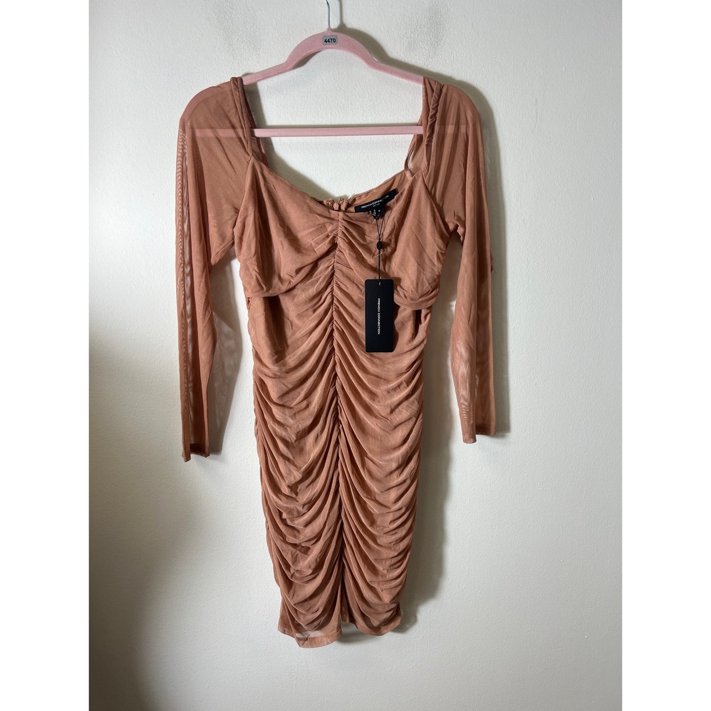NWT French Connection Pink/Tan "Toni" Meshed Rouched Dress Sz M
