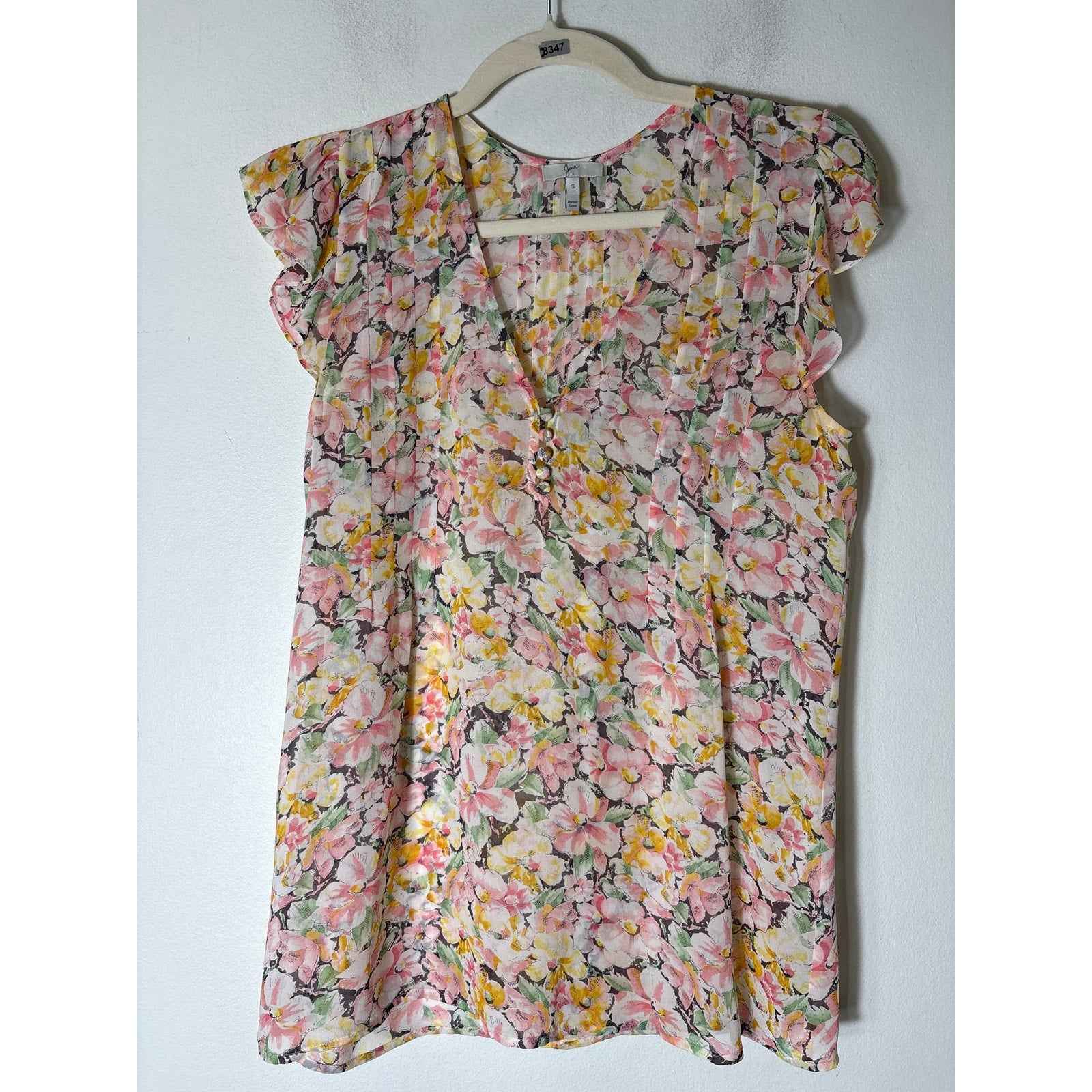 Joie Pink Floral Sheer Flutter Sleeve Silk V-Neck Top Sz S
