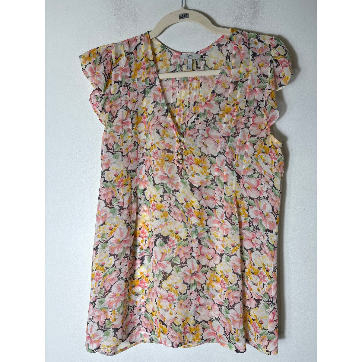 Joie Pink Floral Sheer Flutter Sleeve Silk V-Neck Top Sz S