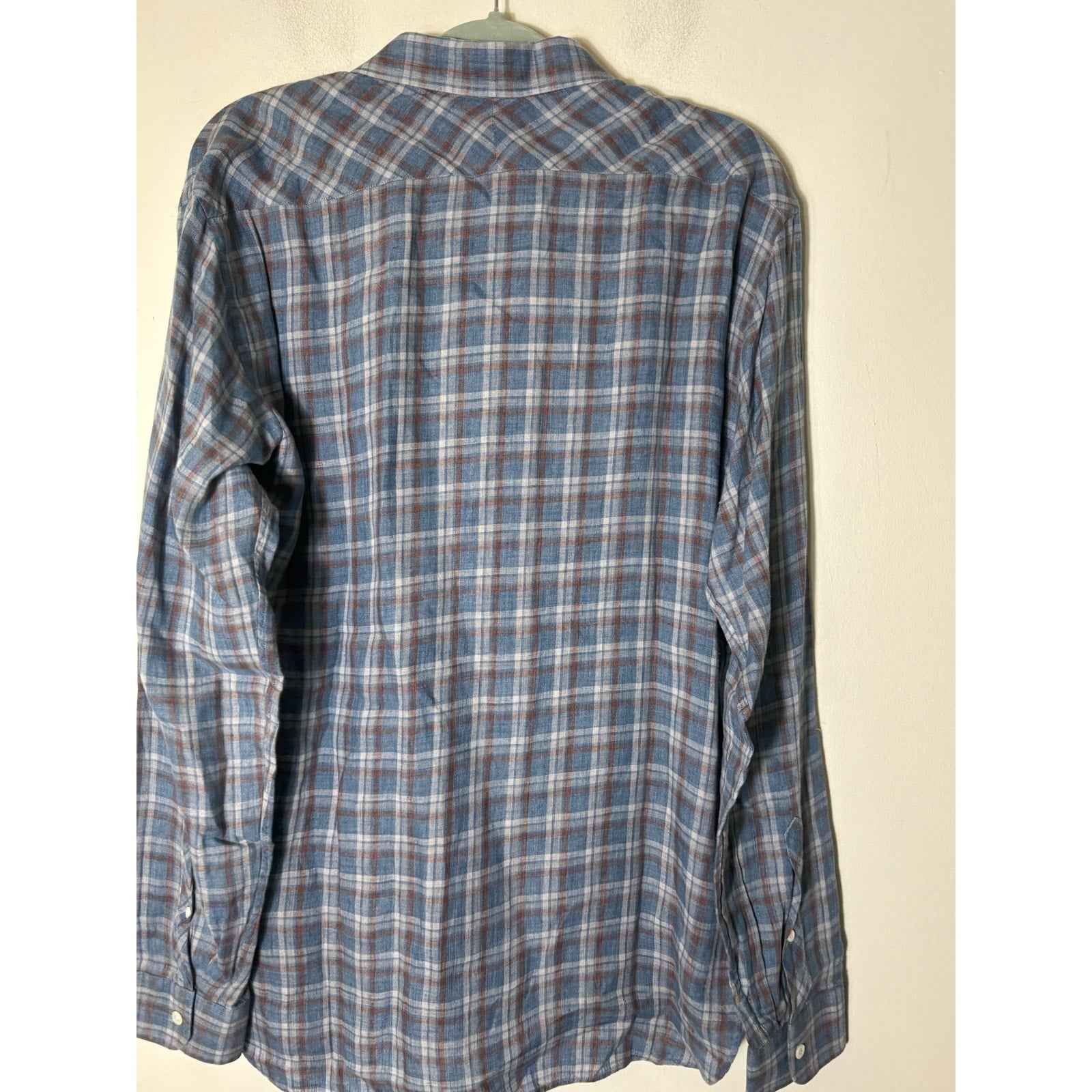 Men's Billy Reid Blue and Red Plaid Slim Cut Button Down Linen Shirt Sz L