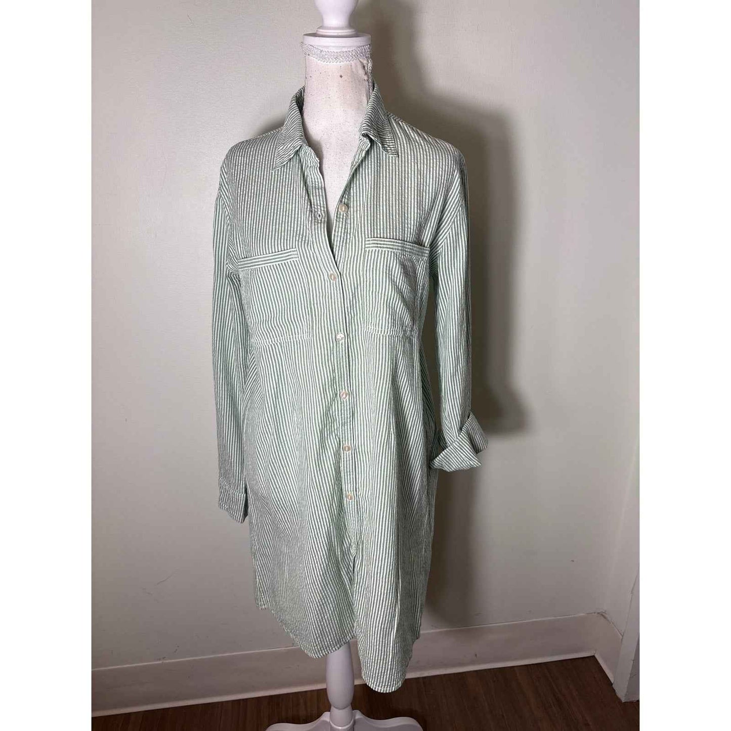Roller Rabbit Green and White Stripe Long Cotton Midi Shirt Dress Sz S