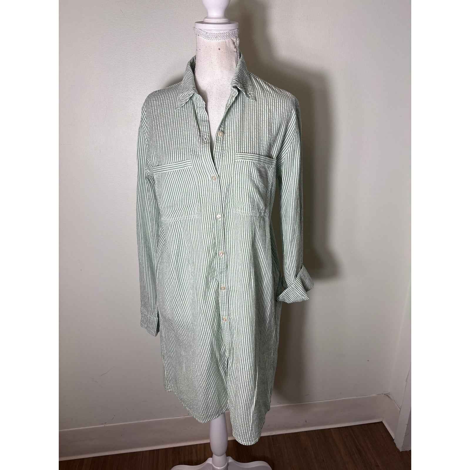 Roller Rabbit Green and White Stripe Long Cotton Midi Shirt Dress Sz S