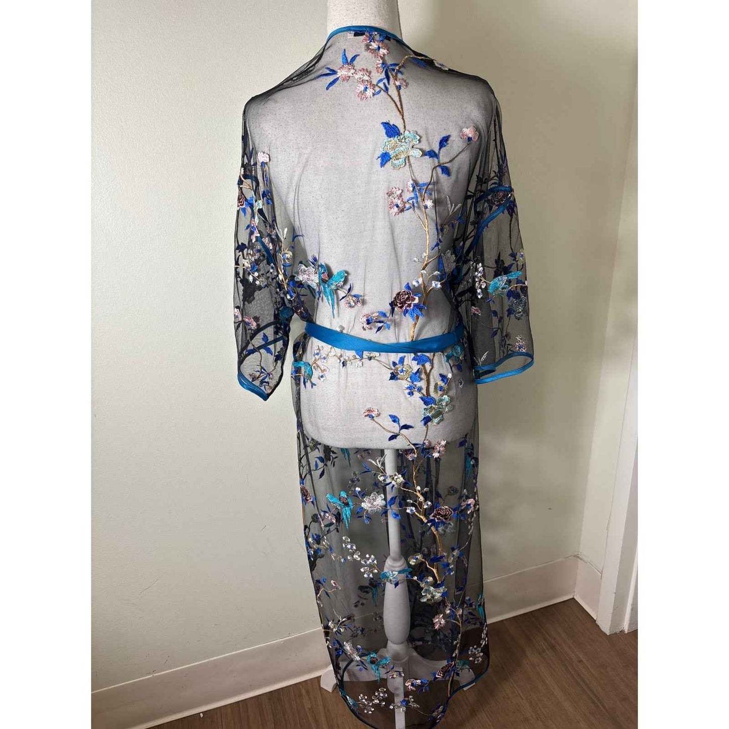 Rya Collection Black Blue Embroidered Sheer Robe Sz XS/S