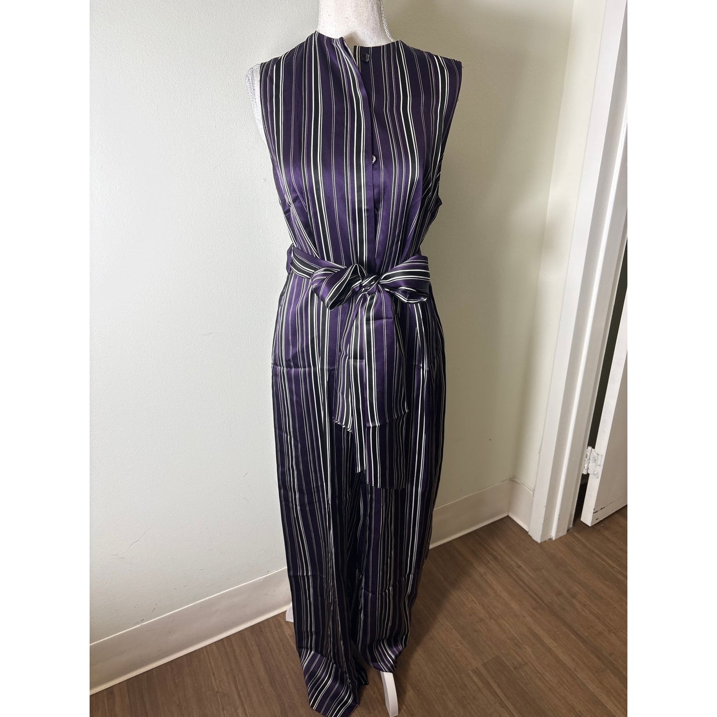 NWT Lilysilk Purple Pin Stripe Sleeveless Silk Jumpsuit Sz M
