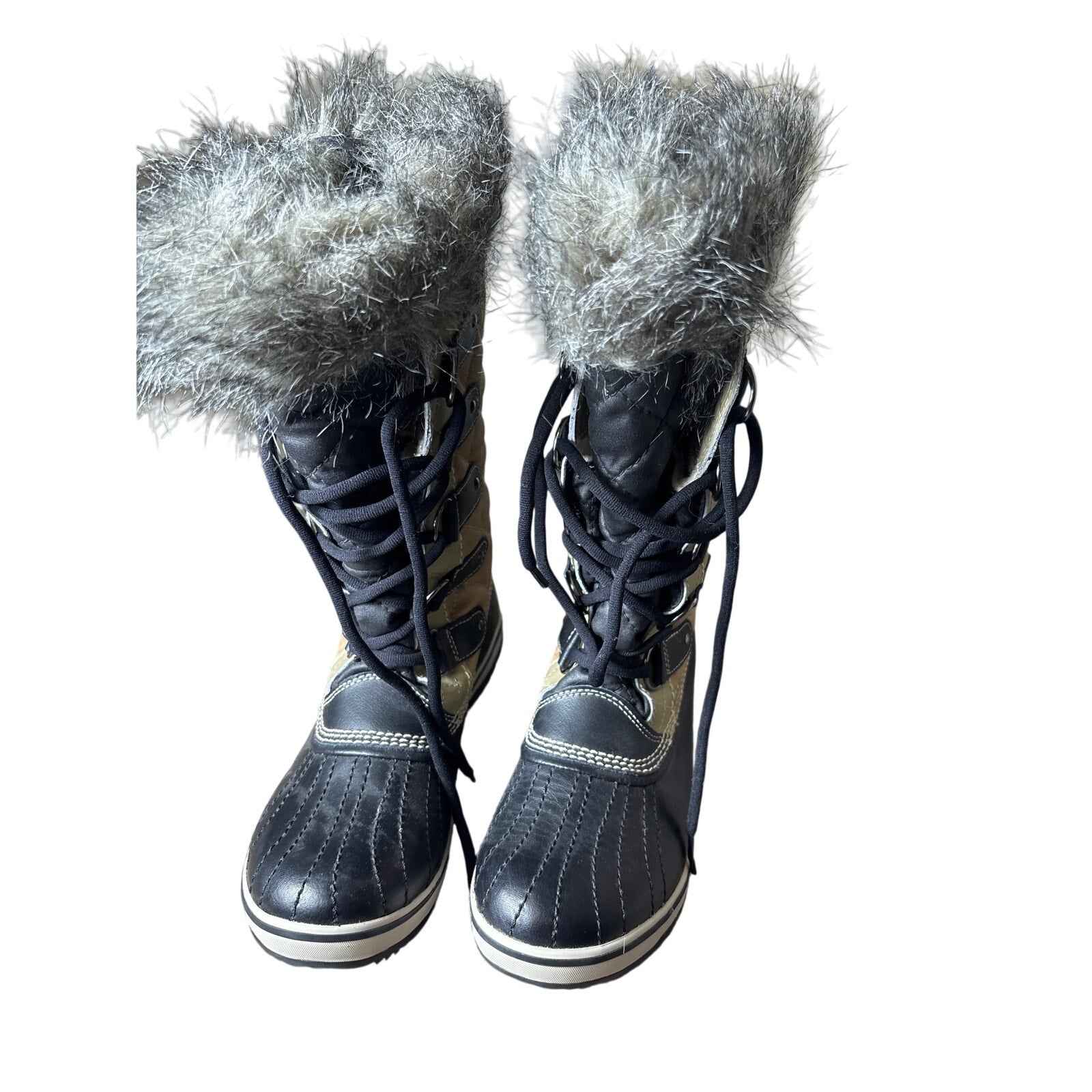 Sorel Tan and Black High Lace Up Quilted Fur Trimmed Boots sz 8