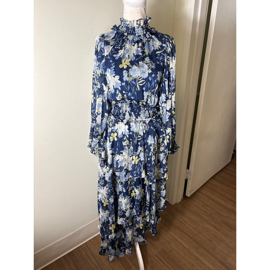 Elliatt Navy Blue Floral Long Puff Sleeve High Neck Layered Dress Sz M