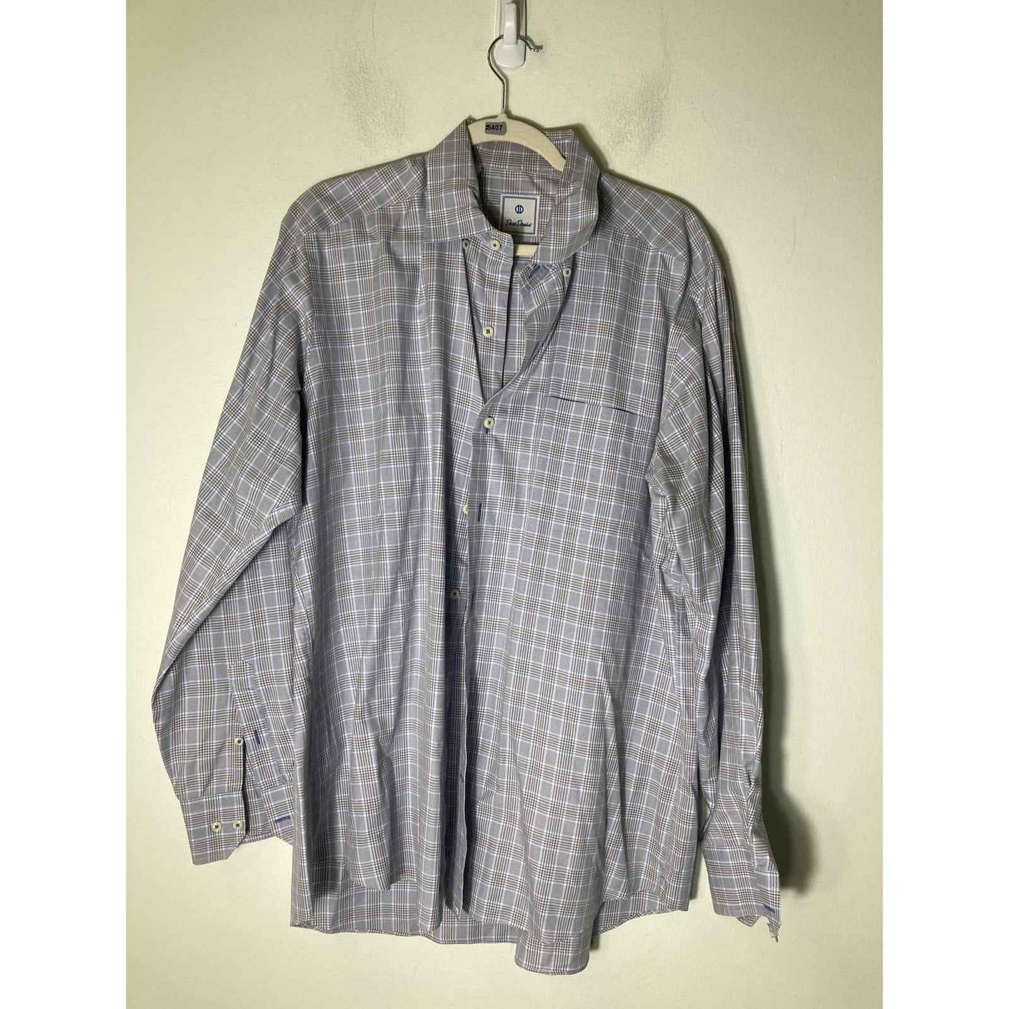 Men's David Donahue Light Blue and Tan Plaid Long Sleeve Dress Shirt Sz XL