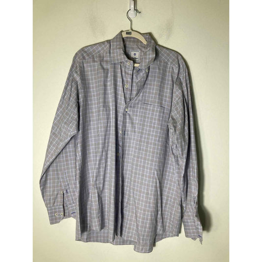 Men's David Donahue Light Blue and Tan Plaid Long Sleeve Dress Shirt Sz XL