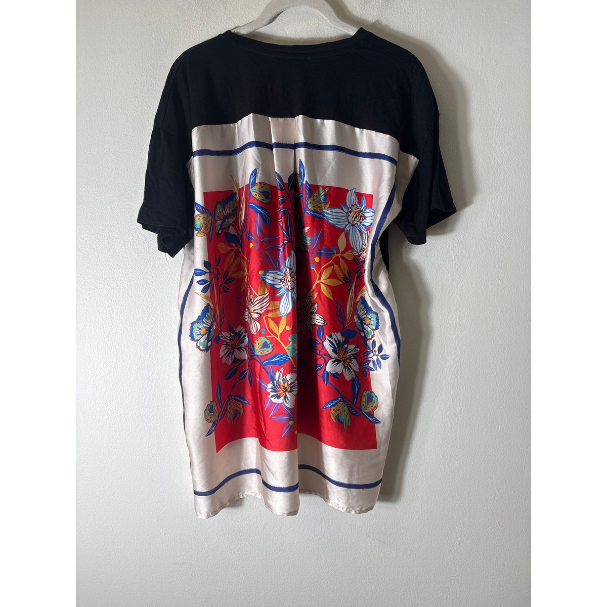 Zara Black Mixed Media Short Sleeve Floral Scarf Shirt Sz S