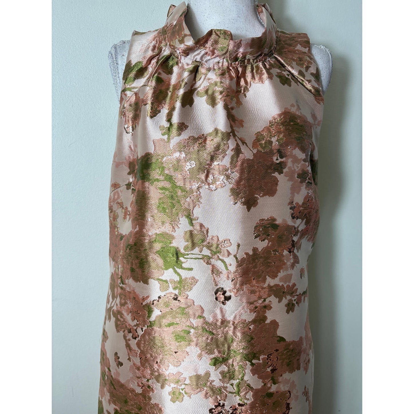 Abbeyglass Rose Pink and Green Floral Ruffle Neck Gown Sz M