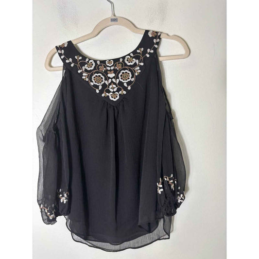 White House Black Market Black Cold Shoulder Long Sleeve Embroidered Top Sz XS