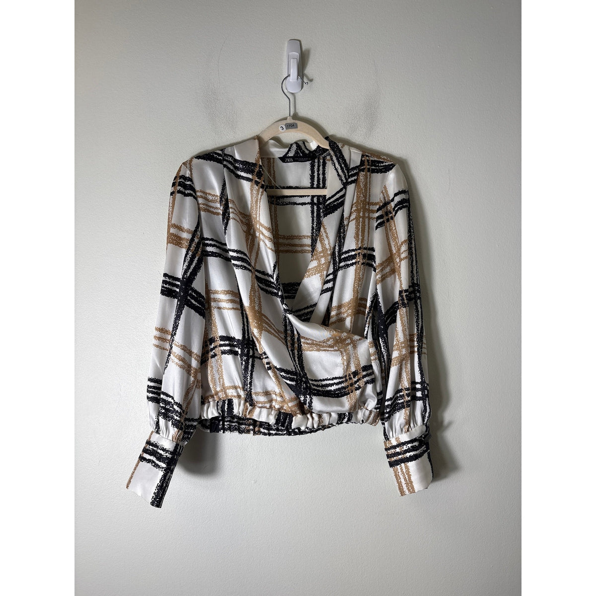 Zara Black and Tan Plaid Silky Blouse Sz XS