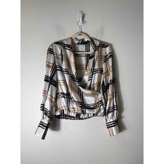 Zara Black and Tan Plaid Silky Blouse Sz XS