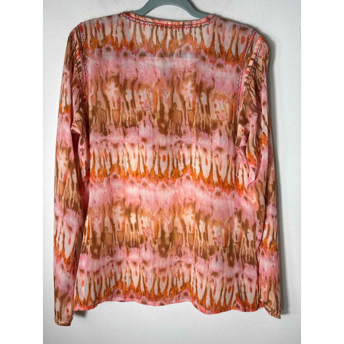 Sundance Orange Embroidered Long Sleeve Sheer Blouse Sz M